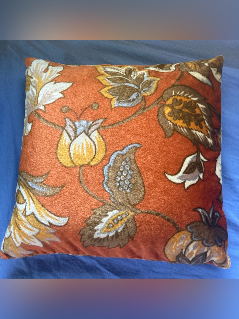 Vintage Style 12x12 Floral Throw Pillow Rust Orange Velvet Look Retro Boho
